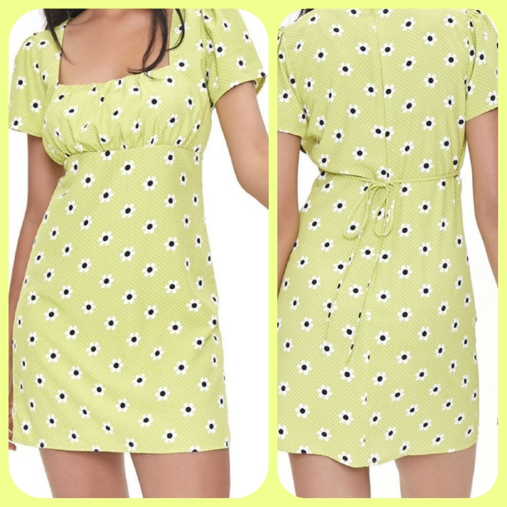 🌷3/$20🌷NWOT Forever 21 Chartreuse Floral Dress - Picture 2 of 7